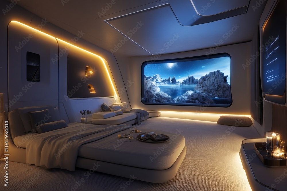 modern futuristic luxury living room with oversized TV and comfortable seating, illuminated by soft lights