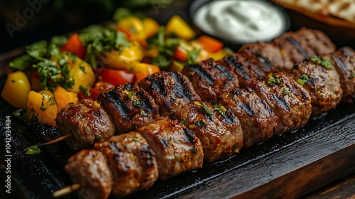 Wallpaper Mural Close-up of grilled meat skewers with fresh vegetables and dip. Torontodigital.ca