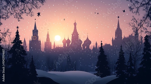 Moscow's Red Square in silhouette, featuring Saint Basil's Cathedral and the Kremlin, set against a calming winter backdrop, minimalist flat style, clean lines, muted tones, hd quality. --ar 16:9 photo