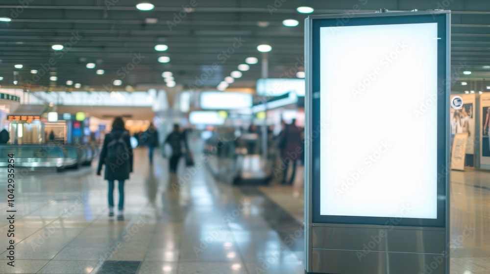 Empty advertising billboard in a busy airport terminal with travelers in the background Empty advertising billboard in a busy airport terminal with travelers in the background