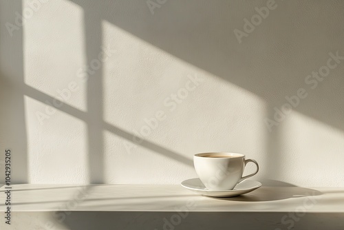 A cup of coffee on a table with sunlight. Perfect for coffee break or morning routine concepts.