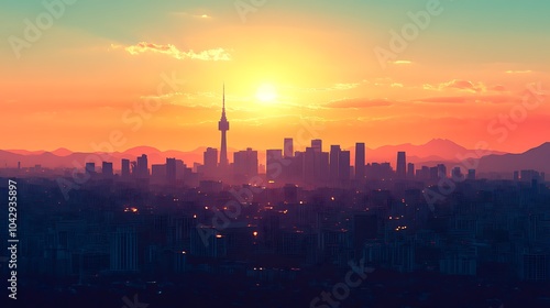 Seoul's skyline in silhouette, featuring N Seoul Tower and Lotte World Tower, with a calming gradient background, minimalist flat style, clean lines, soft color transitions, muted tones, hd quality.