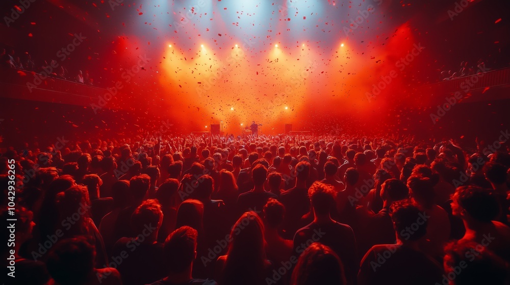 Obraz premium A lively crowd enjoys a concert in a venue filled with dynamic red lights and floating confetti.