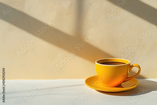 Yellow coffee cup on a white surface. Perfect for a cozy cafe or breakfast theme.