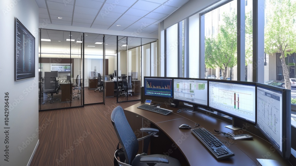 Modern office interior with multiple computer monitors and workspace design Modern office interior with multiple computer monitors and workspace design