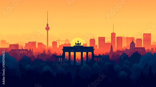 Silhouette of Berlin’s historic skyline, featuring the Brandenburg Gate and Berlin TV Tower, set against a soft neutral gradient, minimalist flat design, clean lines, muted pastel tones, photo