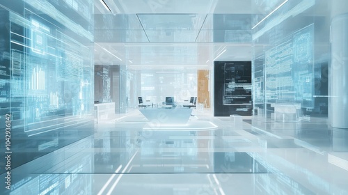 Futuristic office interior design with transparent elements and modern furniture