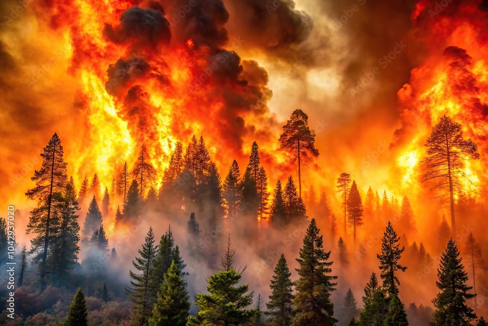 Fototapeta premium Devastating wildfire consuming forest in roaring inferno