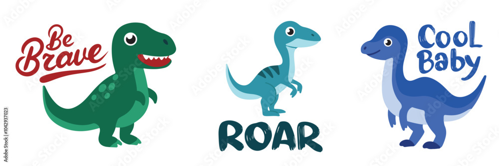 Cute dinosaurs with text lettering. Be Brave, Roar, Cool Baby. Hand draw vector art. Cute dinosaurs with text lettering. Be Brave, Roar, Cool Baby. Hand draw vector art.