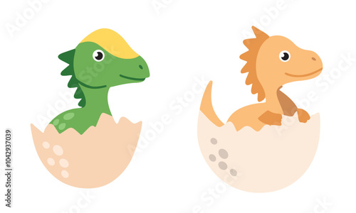 Two cute little dinosaurs in egg in flat style. Hand drawn vector art