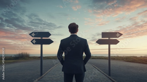 A corporate leader making an ethical decision, standing in front of a large signpost indicating different moral choices in the business world