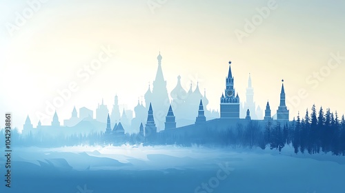 Silhouette of Moscow's Red Square, including Saint Basil's Cathedral and the Kremlin, with a winter theme and subtle gradient background transitioning from light blue to white, minimalist flat design,