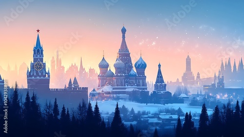 Silhouette of Moscow's Red Square, including Saint Basil's Cathedral and the Kremlin, with a winter theme and subtle gradient background transitioning from light blue to white, minimalist flat design,