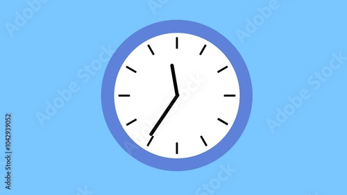 circle wall clock blue animation. with the clockwise time turn fast. flat cartoon design illustration. Isolated on blue background