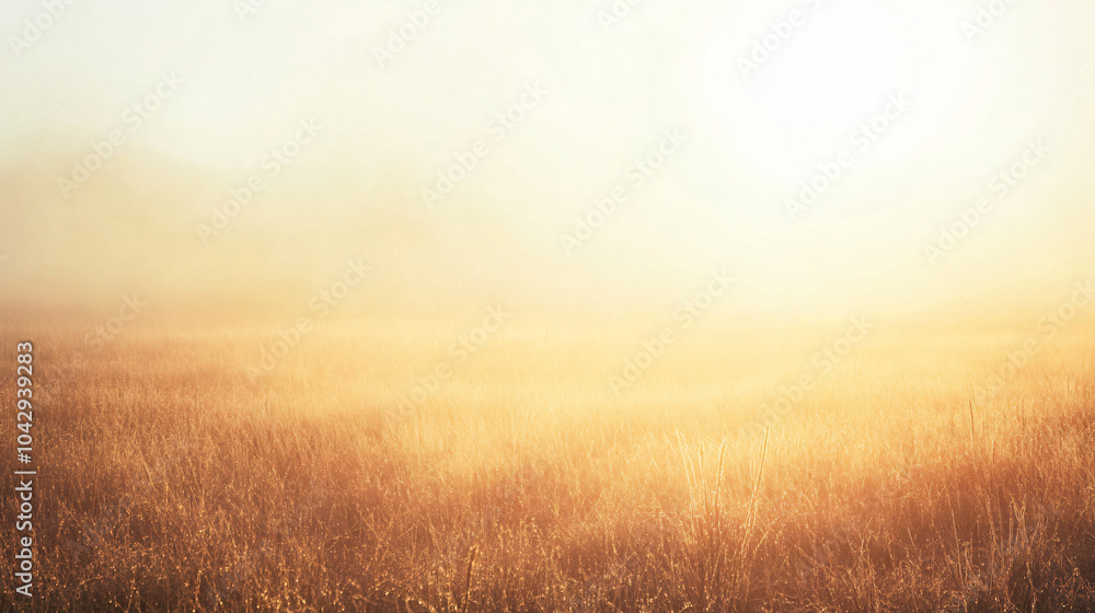 Obraz premium A serene field blanketed in fog at dawn, with soft sunlight filtering through the mist.