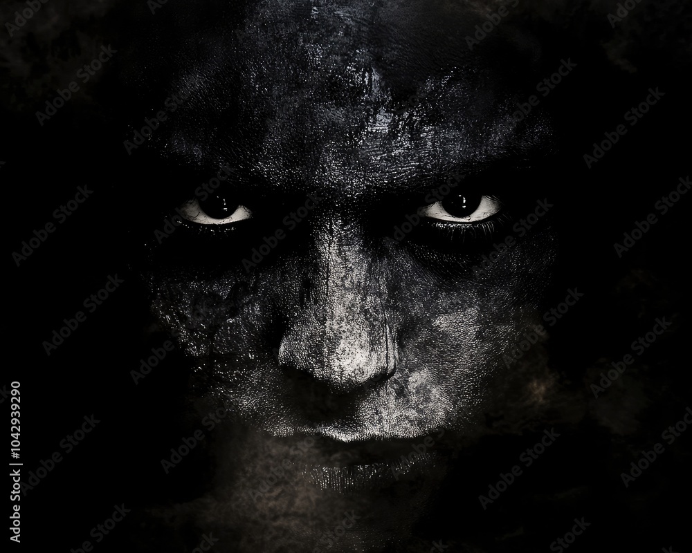 Dark haunting portrait of a black face with expressive eyes on black background Dark haunting portrait of a black face with expressive eyes on black background