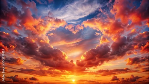 dreamy heart shape formed by fluffy clouds in fiery red sky of summer sunset