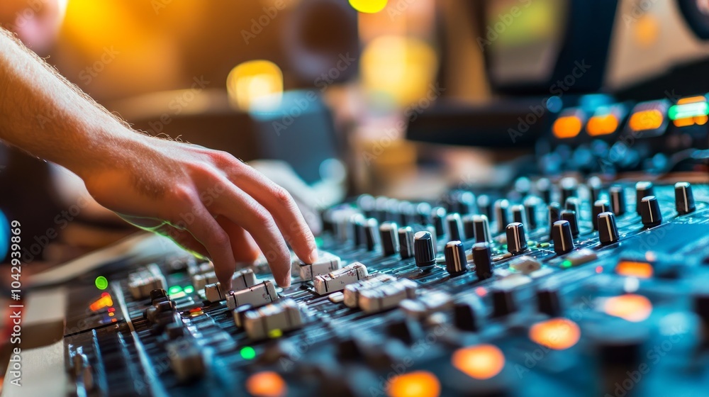 A hand adjusts the knobs on a sound mixer during a live music performance. A hand adjusts the knobs on a sound mixer during a live music performance.
