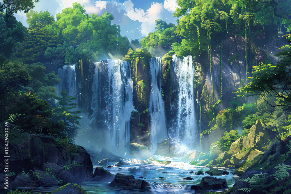 Fototapeta premium Generative ai on theme of beautiful majestic waterfall in natural nature, national park attraction