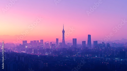 Silhouette of Seoul's modern skyline, including N Seoul Tower and Lotte World Tower, with a soft gradient background transitioning from light blue to purple, minimalist flat design, clean lines,