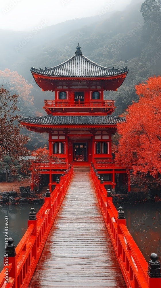 Obraz premium Beautiful Kyoto temple surrounded by red autumn leaves