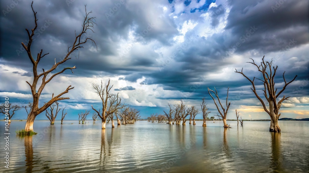 Desolate tree graveyard at Lake Mulwala under cloudy sky Desolate tree graveyard at Lake Mulwala under cloudy sky