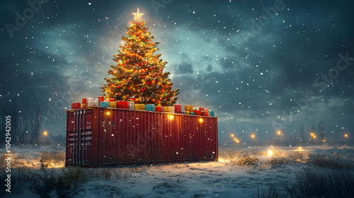 Radiant Christmas Tree on a Giant Shipping Container Against a Breathtaking Winter Landscape with Fresh Snow
