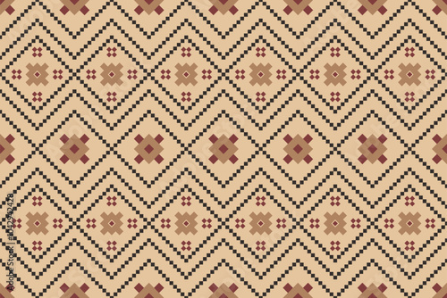 Geometric and cross-stitch traditional ethnic pattern. Floral pixel art embroidery with an elegant abstract Aztec seamless design,suitable for fabric,clothing,carpets,curtains, sarongs,batik,wallpaper
