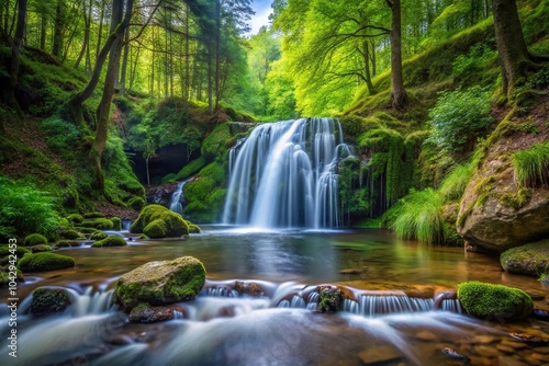 Lush forest landscape with a serene small waterfall