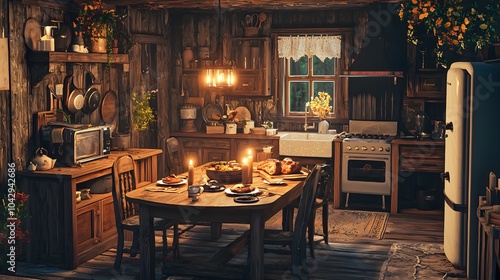 Rustic kitchen decor with candlelight and a cozy dining experience in a wooden setting