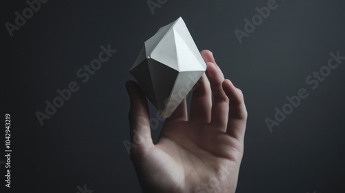 A hand carefully holding a small, abstract geometric sculpture, with sharp angles and smooth surfaces, set against a plain dark background