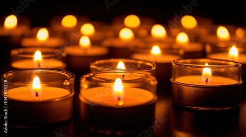 A group of lit tea lights glow in the dark.