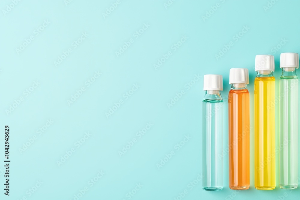 Colorful test tubes filled with vibrant liquids stand on a light blue background, showcasing a modern and clean laboratory aesthetic. Colorful test tubes filled with vibrant liquids stand on a light blue background, showcasing a modern and clean laboratory aesthetic.
