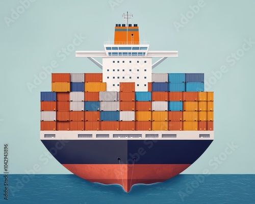 Illustration of a cargo ship with containers on a calm sea, blue background. photo