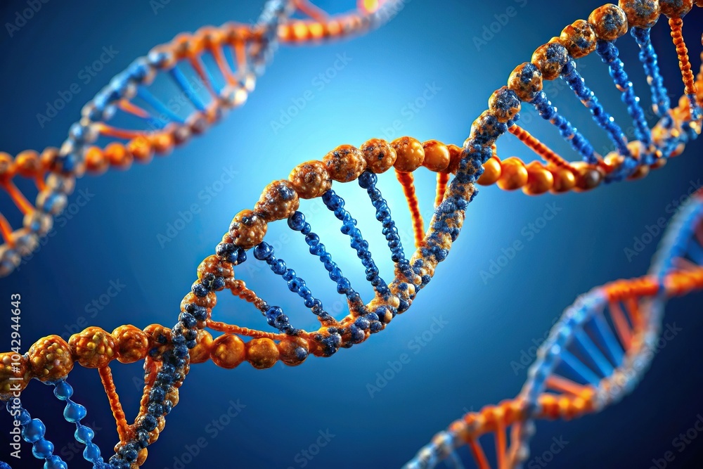 DNA double helix structure in blue and orange colors isolated on blue background DNA double helix structure in blue and orange colors isolated on blue background