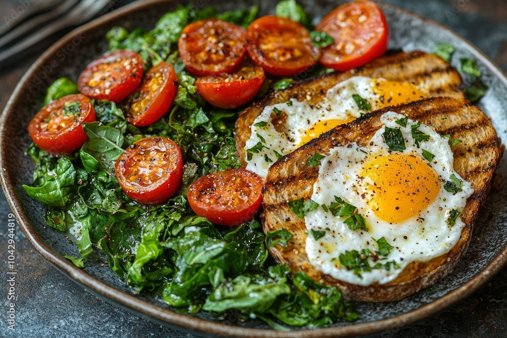 Fried Egg with Toast, Roasted Tomatoes, and Spinach Salad Fried Egg with Toast, Roasted Tomatoes, and Spinach Salad