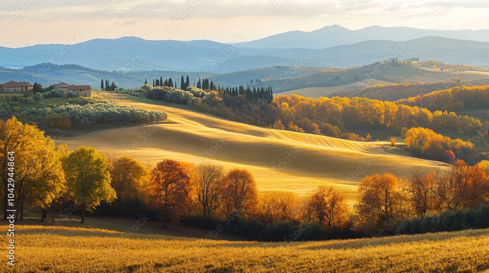 Fototapeta premium A scenic view of rolling hills bathed in golden light as the sun sets, creating a perfect autumn landscape.