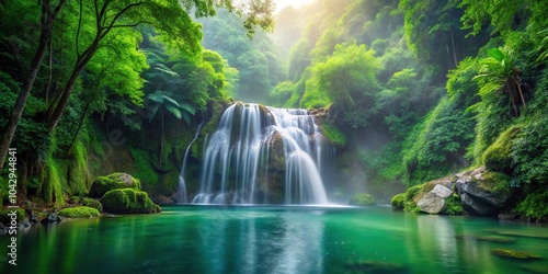 Lush green forested waterfall cascading into misty pool with depth of field