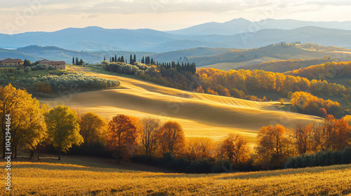 Wallpaper Mural A scenic view of rolling hills bathed in golden light as the sun sets, creating a perfect autumn landscape. Torontodigital.ca