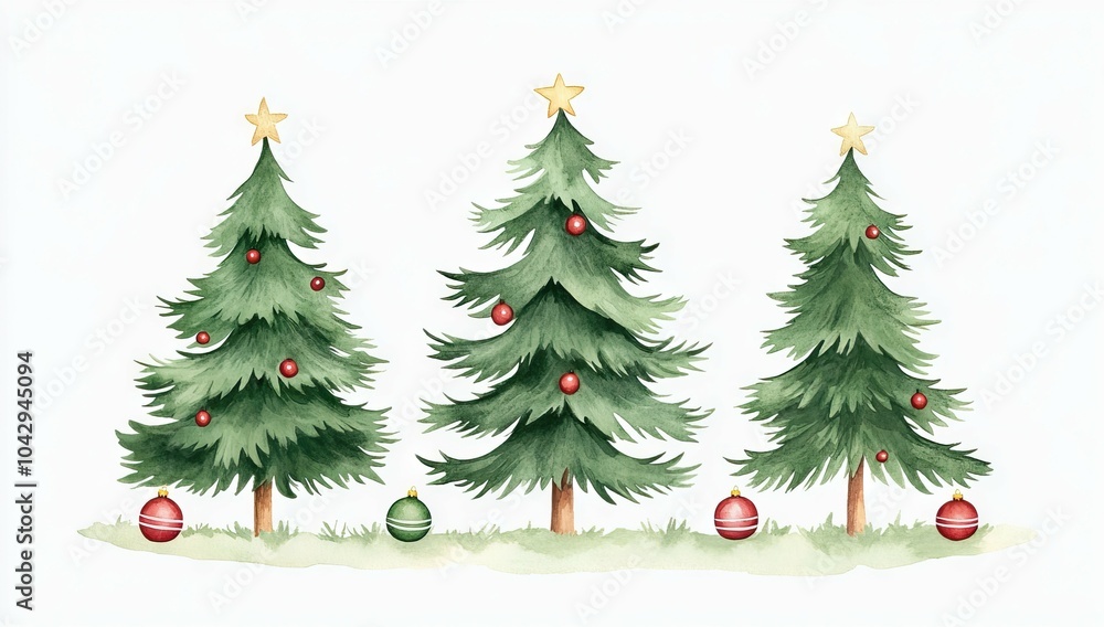 Fototapeta premium Three decorated watercolor Christmas trees with stars on top, surrounded by ornaments, symbolizing festive holiday spirit.