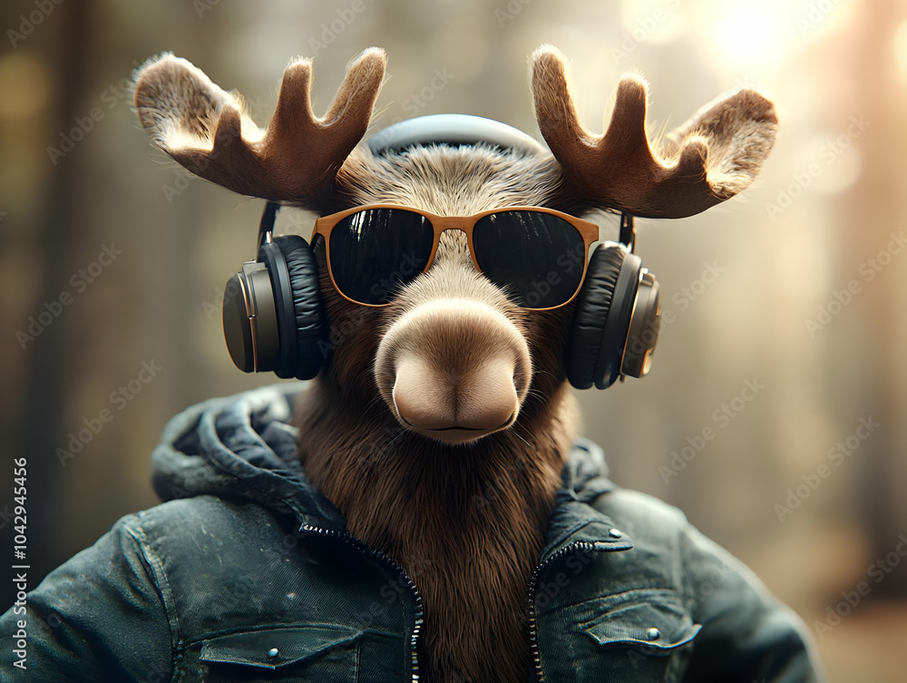 Fototapeta premium A cool moose wearing sunglasses and headphones, set against a blurred forest background.