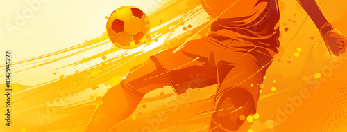 Background for advertising banner soccer ball and soccer player in action pose. Sports competition concept. For sports marketing, posters, graphics, banners, ads. 