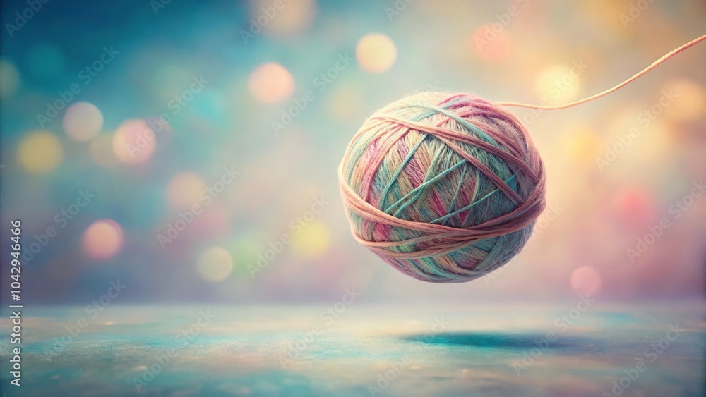 Fototapeta premium dreamy pastel painting, low angle view, floating yarn ball, artistic, creative, surreal, soft colors, whimsical, delicate, abstract