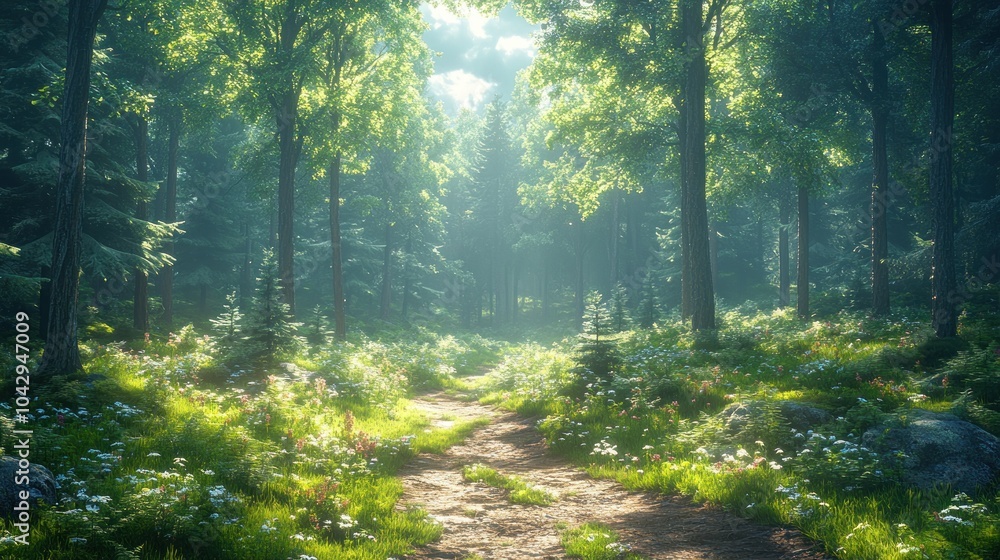 Obraz premium Lush forest path illuminated by sunlight and surrounded by greenery.