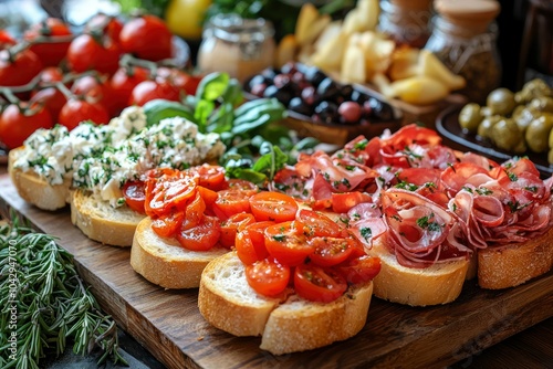 Appetizing Bruschetta Topped with Tomatoes, Meat, and Cheese photo