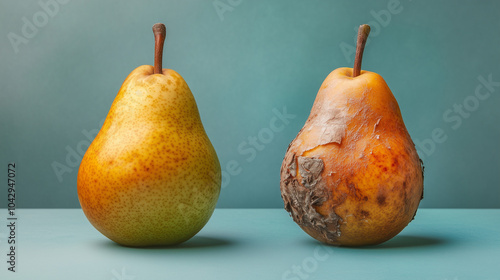 One fresh pear and one old rotting pear