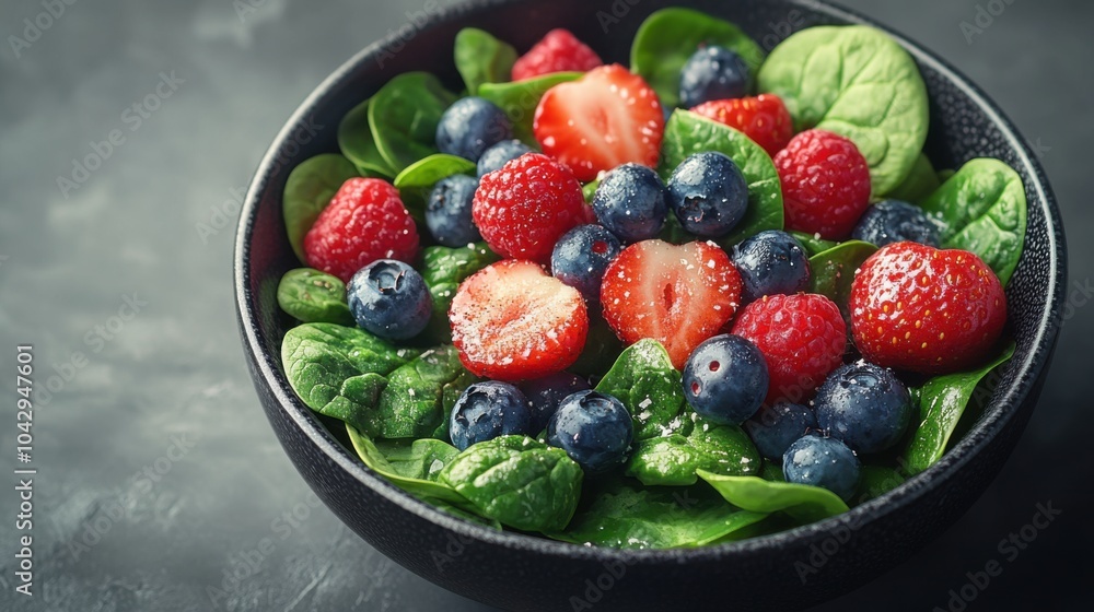 Illustration of a berry and spinach salad in a black bowl, soft-focus background, blueberries and goat cheese, refreshing and vibrant, overhead composition. Illustration of a berry and spinach salad in a black bowl, soft-focus background, blueberries and goat cheese, refreshing and vibrant, overhead composition.