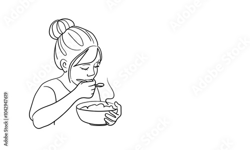 Girl eating porridge continuous line art drawing isolated on white background. Chield and breakfast line art. Vector illustration	 