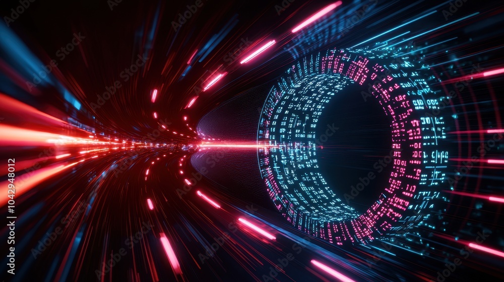 Obraz premium Futuristic tunnel with glowing lights and digital elements, abstract background.