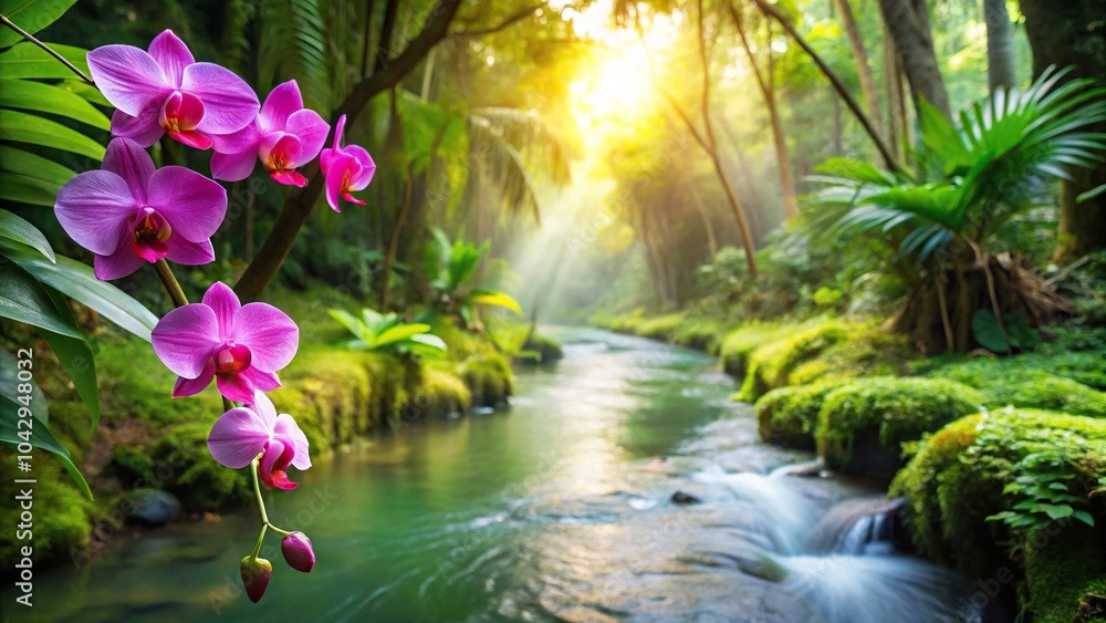 lush jungle stream with orchid flowers lush jungle stream with orchid flowers